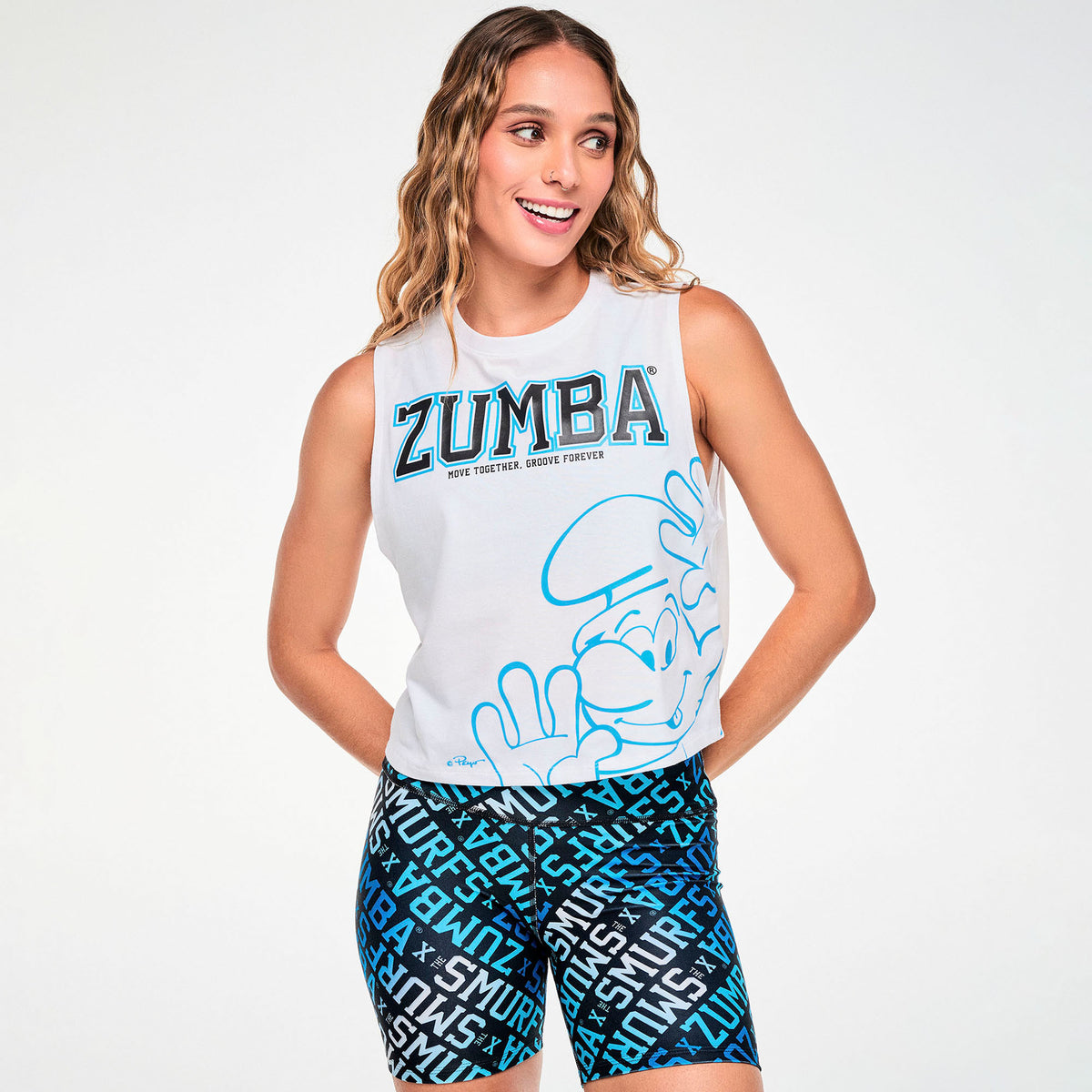 Biała koszulka bez rękawów ze Smerfem – widok z przodu | Zumba Wear