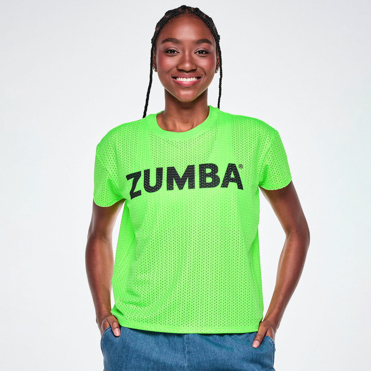 Zielona koszulka z siateczki z dłuższym tyłem – widok z przodu | Zumba Wear