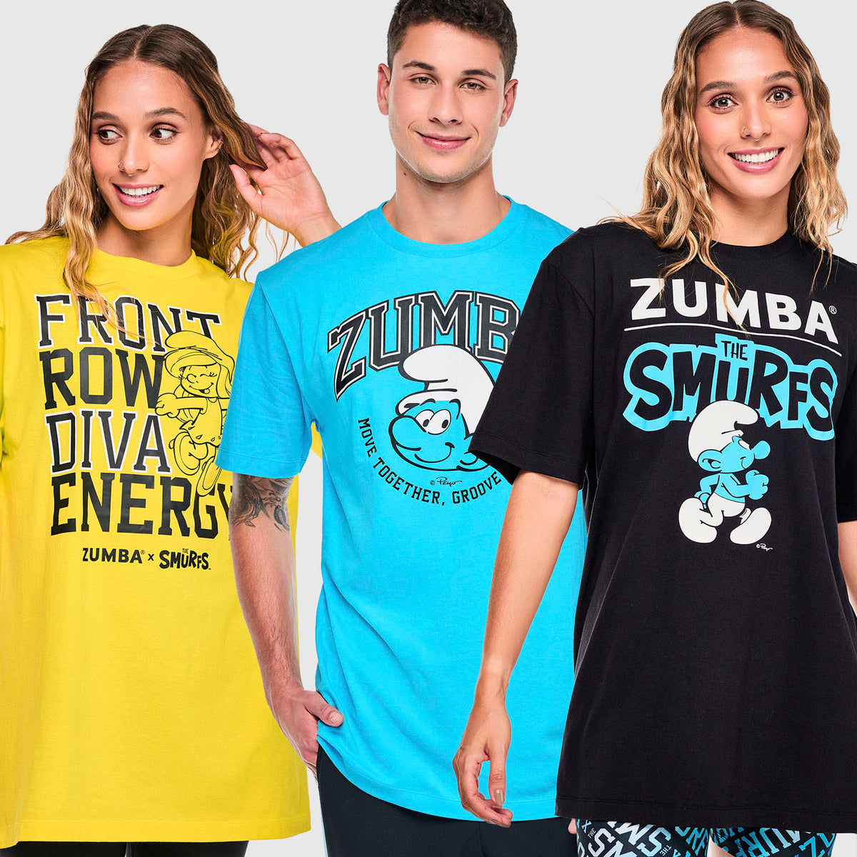 Zestaw 12 koszulek unisex Zumba x Smerfy – przykładowe wzory – widok z przodu | Zumba Wear